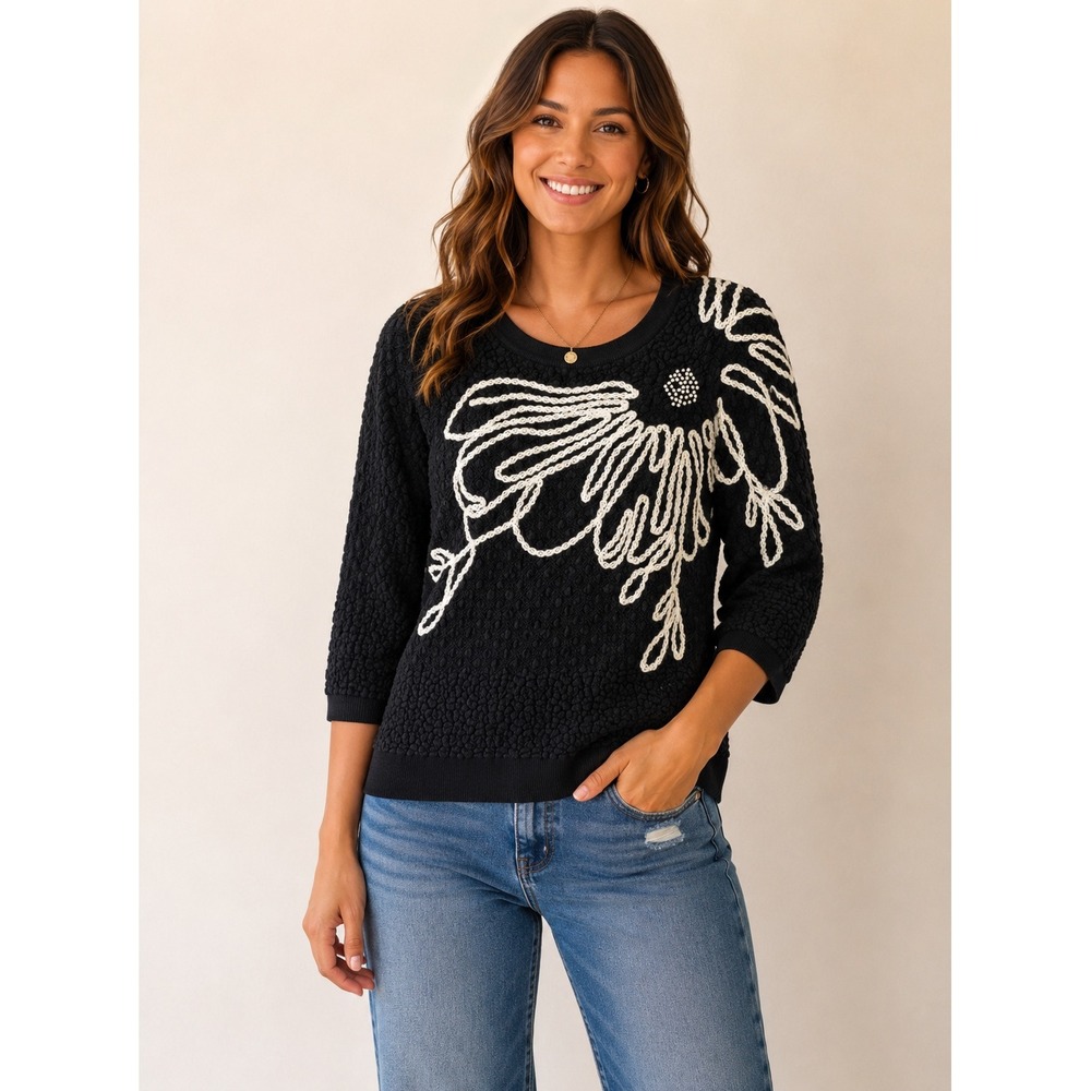 Field Flower Black Textured Cotton Cashmere Boucle Pullover with Embroidery